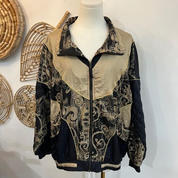 EVR Jackets & Blazers - Vintage 90s Windbreaker Jacket Gold Black Print Bomber Mob Wife L
